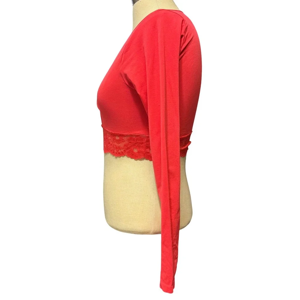 Anthropologie S/M Lace-Trim Cutout Long-Sleeve Crop Top Red Coquette Ballet Sexy